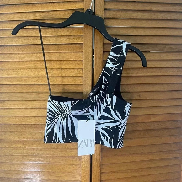 Zara One Shoulder Palm Print Jacquard Cross Over Crop Top S NWT - Picture 2 of 5